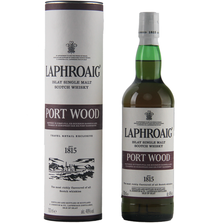 A bottle and cylindrical box of Laphroaig Port Wood Single Malt Whisky, with white labels, black and maroon text, detailed branding, and notes of rich port cask-aged peated whisky.