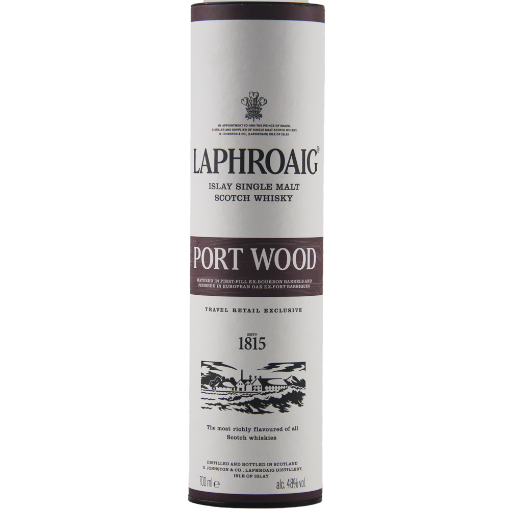 A 700 ml cylindrical container of Laphroaig Port Wood Single Malt Whisky, 48% ABV, with black and maroon text and graphics on a white background.