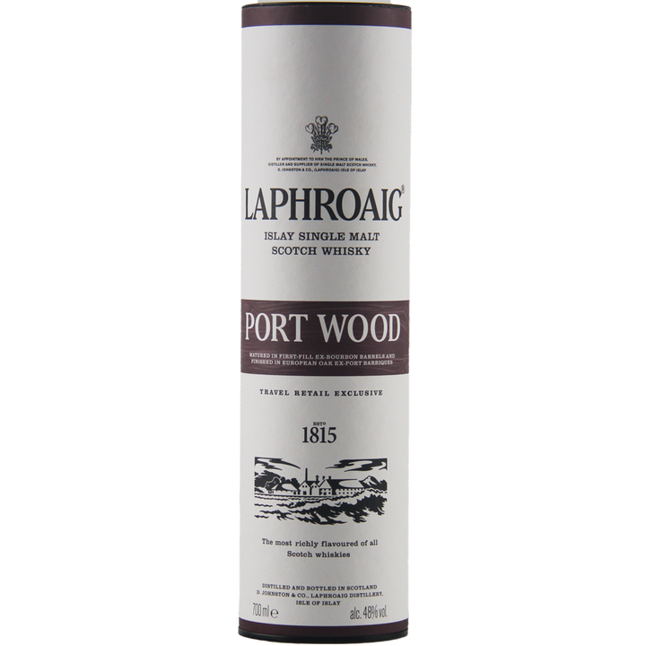 A 700 ml cylindrical container of Laphroaig Port Wood Single Malt Whisky, 48% ABV, with black and maroon text and graphics on a white background.