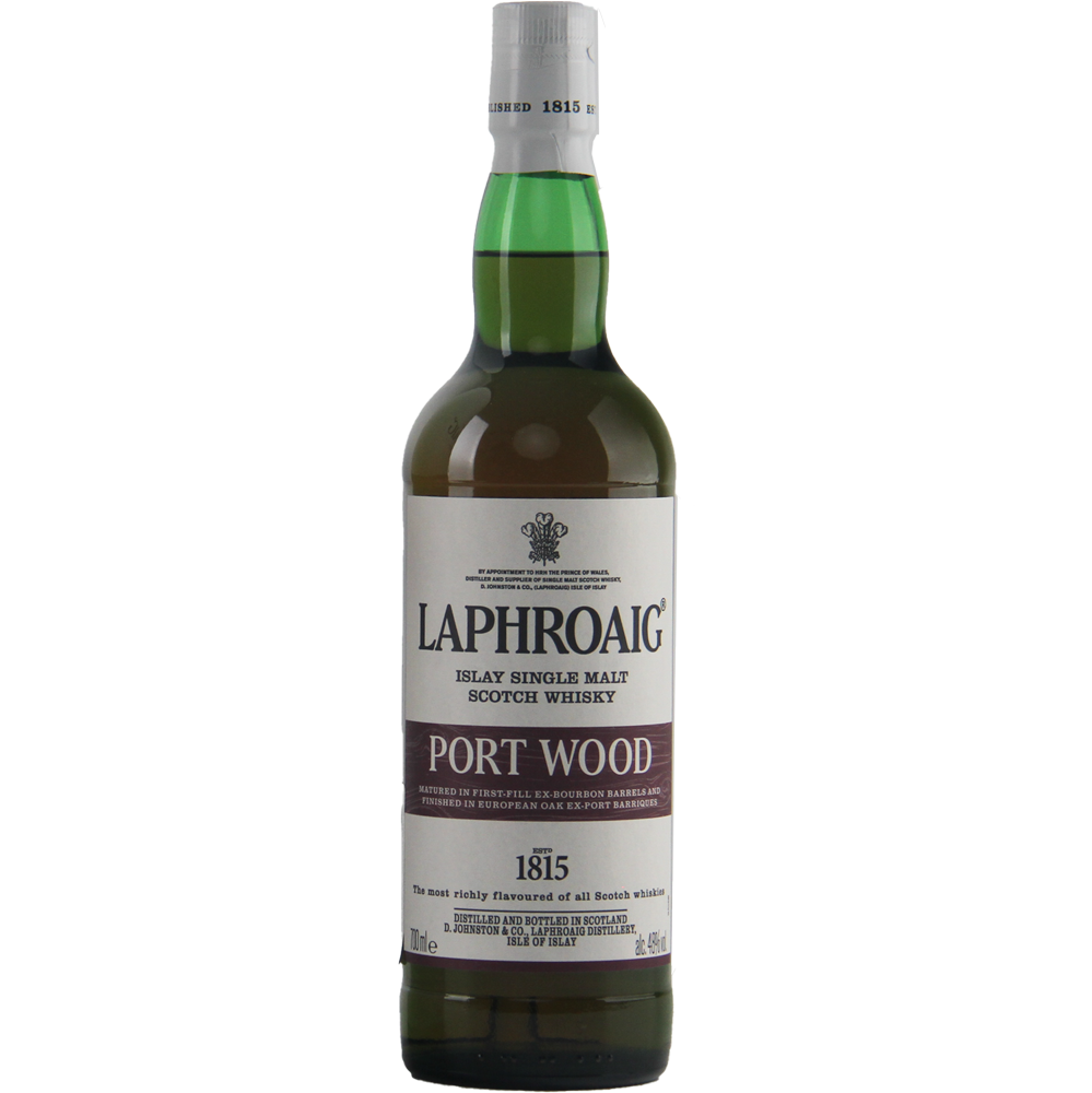 A green bottle of Laphroaig Port Wood Single Malt Whisky, showcasing a white label with brand details and the founding year, 1815; renowned for its distinct peated whisky character.