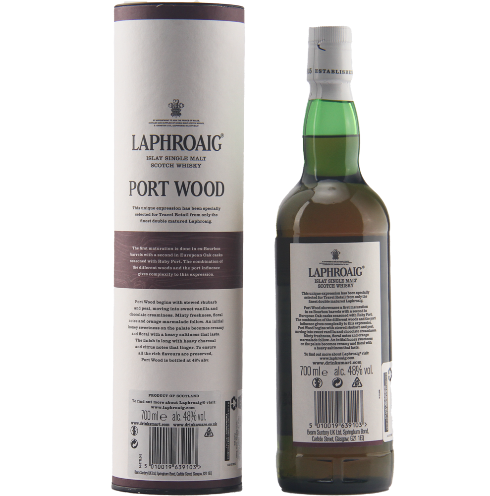 A bottle of Laphroaig Port Wood Single Malt Whisky stands beside its cylindrical packaging, both showing the label and product details.