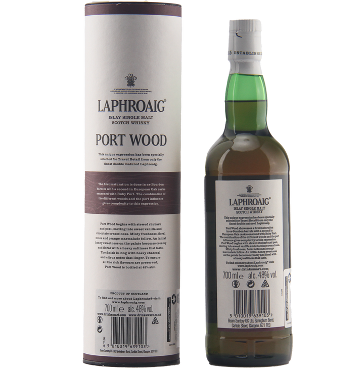 A bottle of Laphroaig Port Wood Single Malt Whisky stands beside its cylindrical packaging, both showing the label and product details.