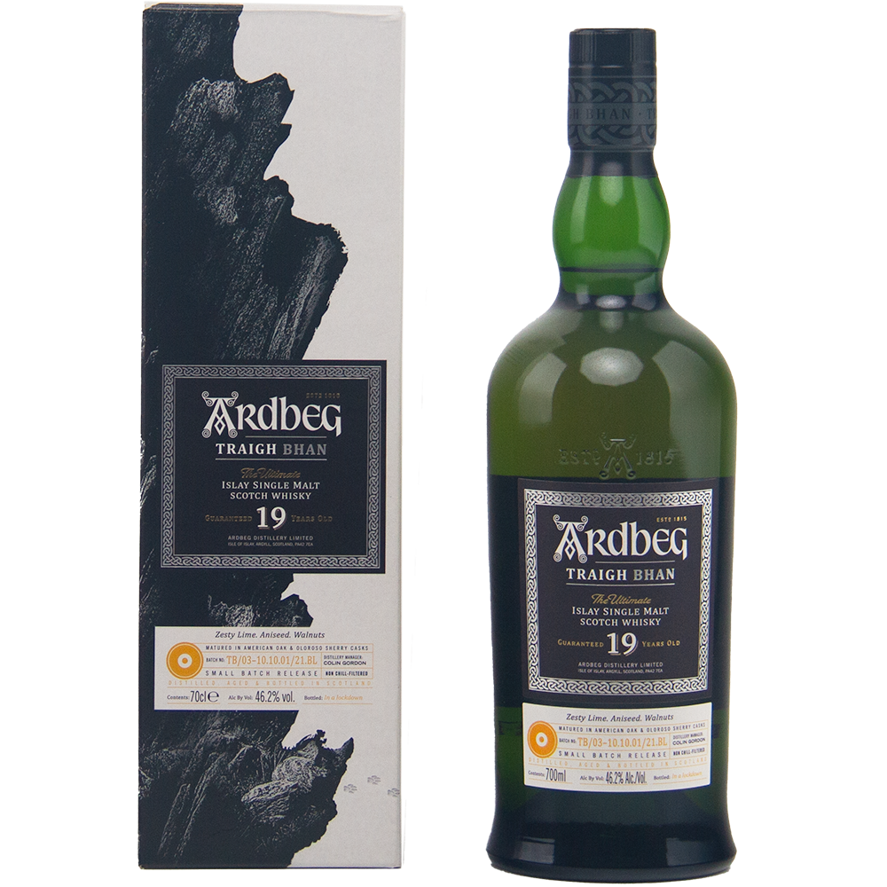 A bottle of Ardbeg Traigh Bhan 19 Year Old Batch 3 Single Malt Scotch Whisky stands next to its matching box, both adorned with black, white, and gold labels featuring intricate details—a classic Islay single malt look.