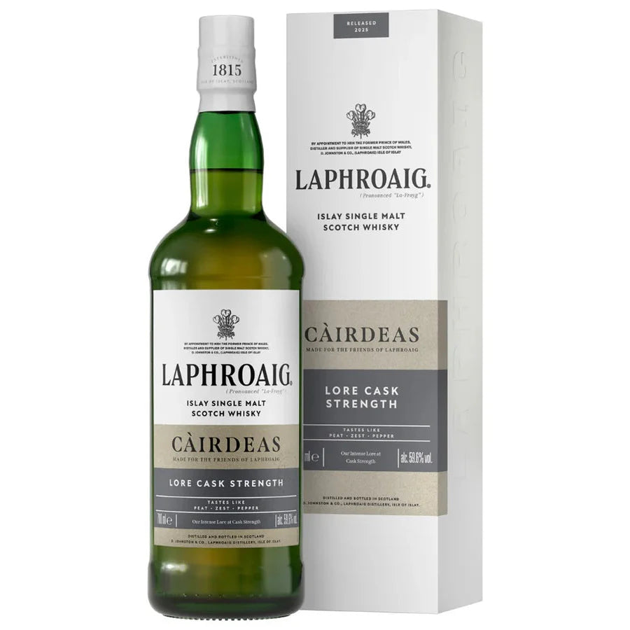 Laphroaig Cairdeas whisky bottle and packaging on a white background