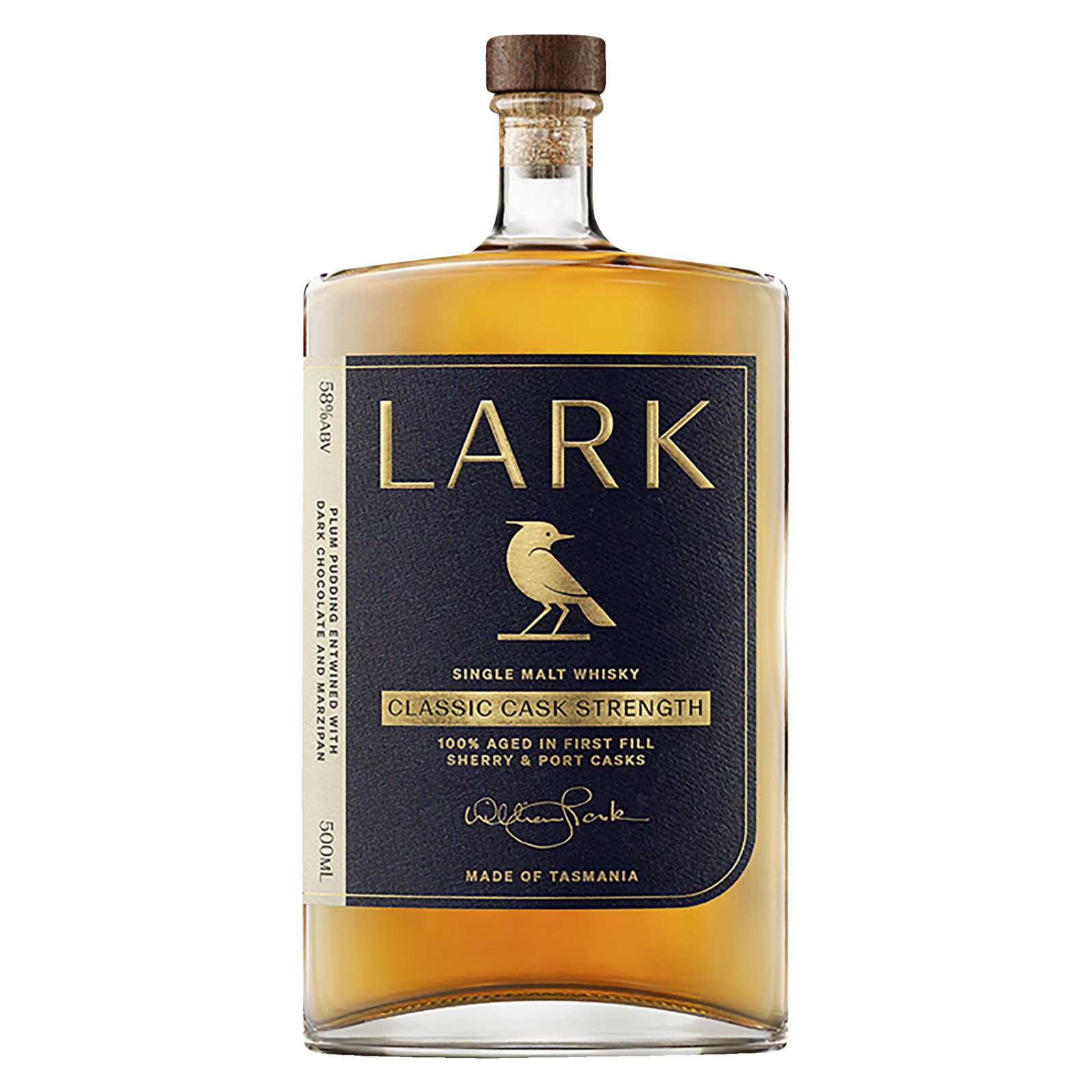A bottle of Lark Cask Strength Tasmanian Single Malt Whisky features a dark blue and gold label with a bird logo, the words "Classic Cask Strength," a wooden cork, and is filled with golden cask strength whisky.