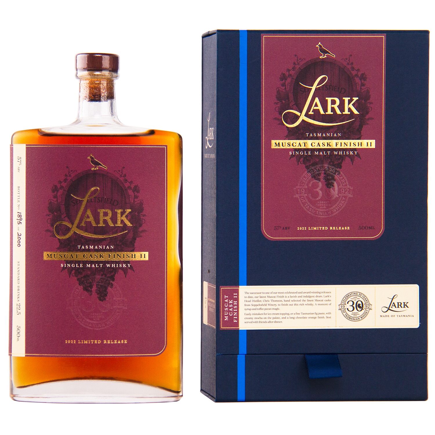 A bottle and box of Lark Muscat Cask Finish II Single Malt Whisky, featuring a rectangular bottle with a maroon label and a dark blue box accented in gold and maroon.