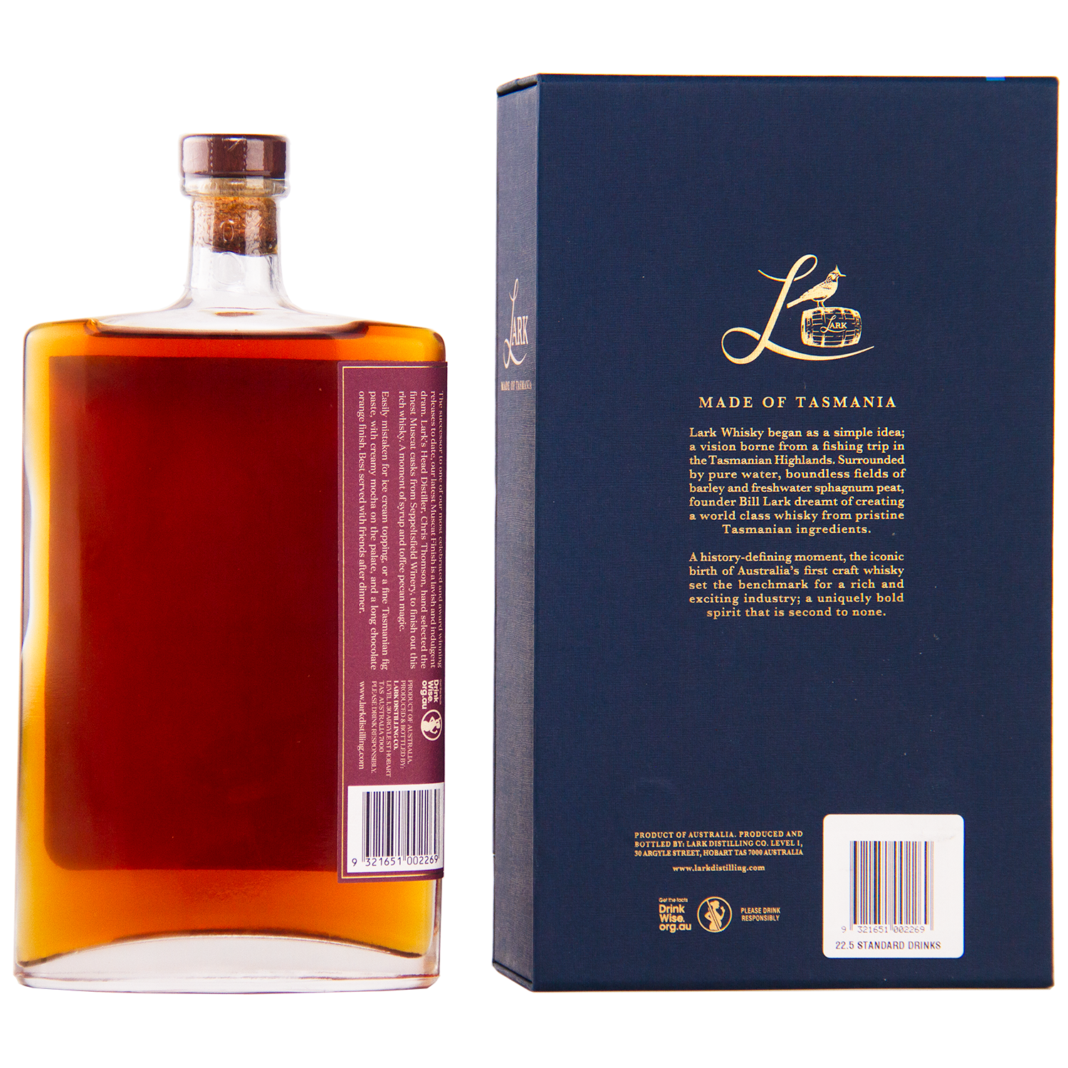 A rectangular bottle of Lark Muscat Cask Finish II Single Malt Whisky with a wooden cap sits next to its dark blue box. The box features gold text, a barcode, and highlights its Tasmanian origin and muscat cask finish.