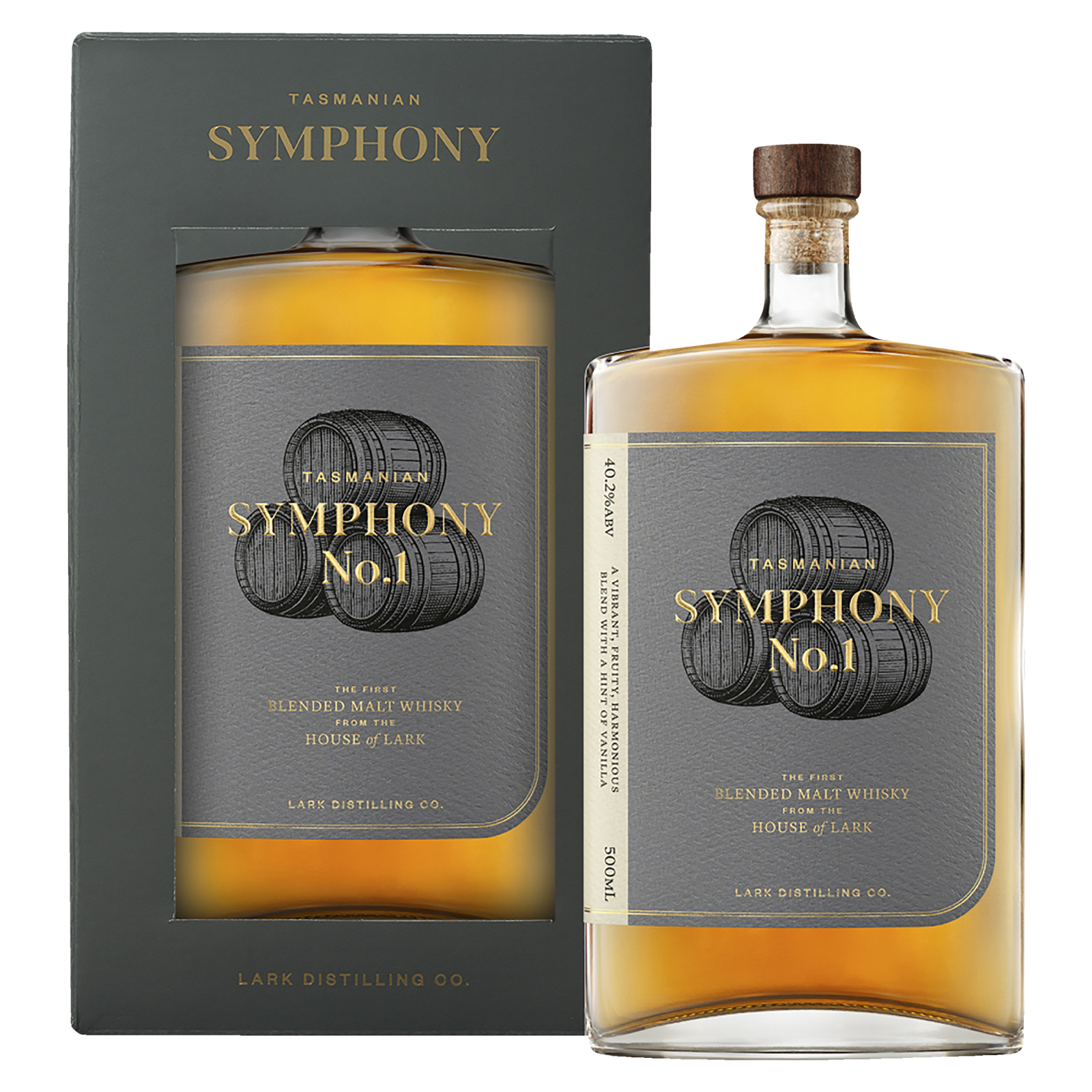 A bottle and box of Lark Symphony No.1 Tasmanian Whisky come in dark gray packaging with gold text and a barrel illustration, reflecting the elegance of this amber-hued whisky from Tasmania.