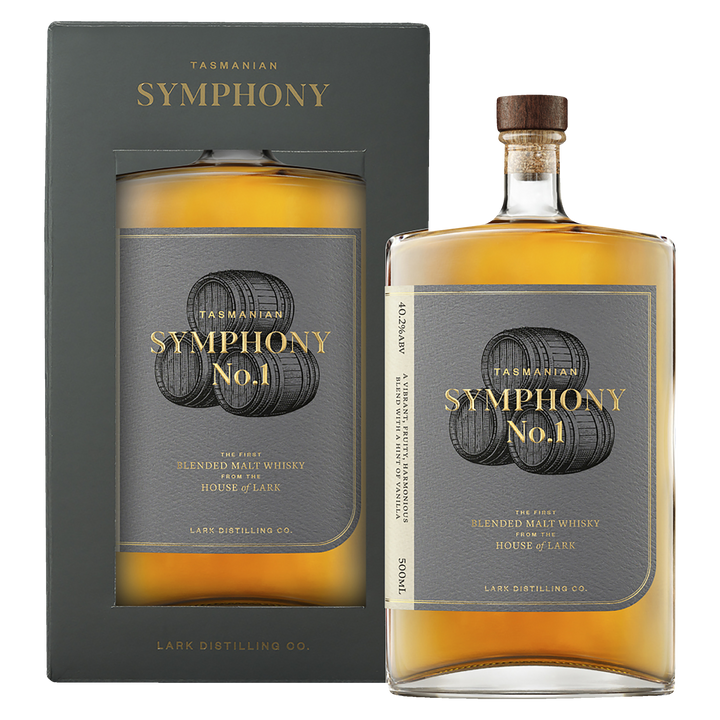 A bottle and box of Lark Symphony No.1 Tasmanian Whisky come in dark gray packaging with gold text and a barrel illustration, reflecting the elegance of this amber-hued whisky from Tasmania.