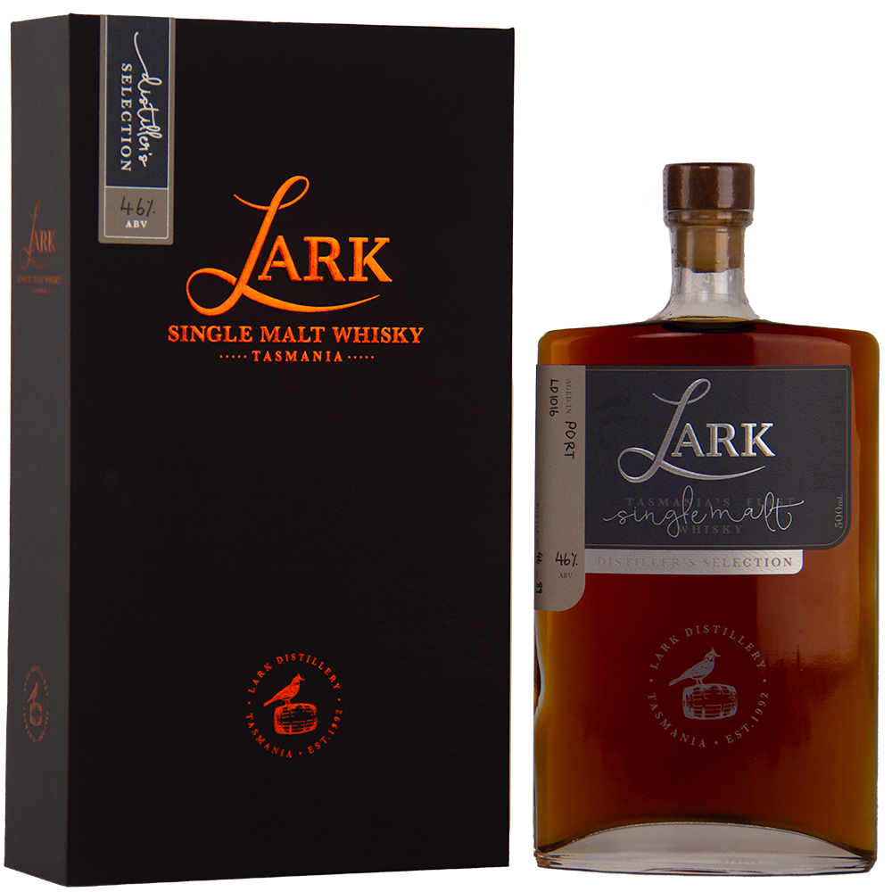 A bottle of Lark Distiller's Selection LD1016 Single Malt Whisky sits by its black box, both displaying orange and white text with refined branding and a circular seal. This limited whisky features a rich amber hue.