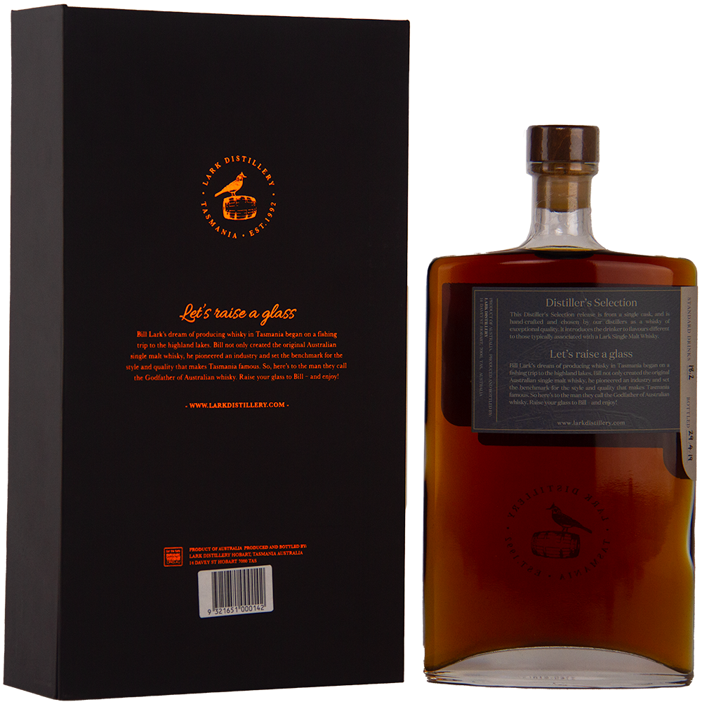 A rectangular bottle of Lark Distiller’s Selection LD1016 Single Malt Whisky with a cork and label stands beside a matching black box featuring the Lark Distillery logo and orange text, “Let’s raise a glass.”.
