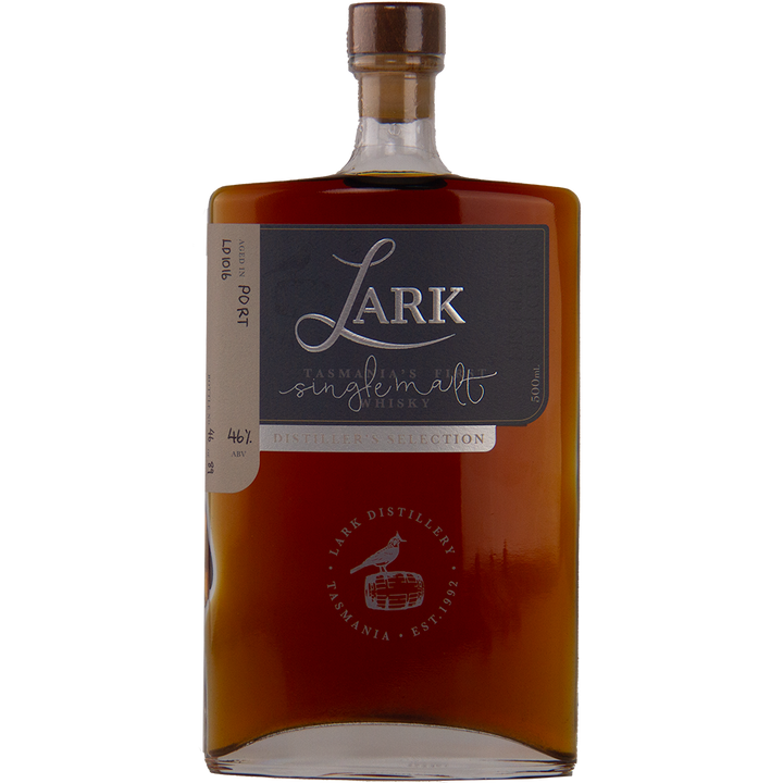 A square bottle of Lark Distiller's Selection LD1016 Single Malt Whisky, with dark amber liquid, a grey label reading "Lark" and distillery details, plus a gold cap—marking it as a rare release from the esteemed Tasmanian distillery.