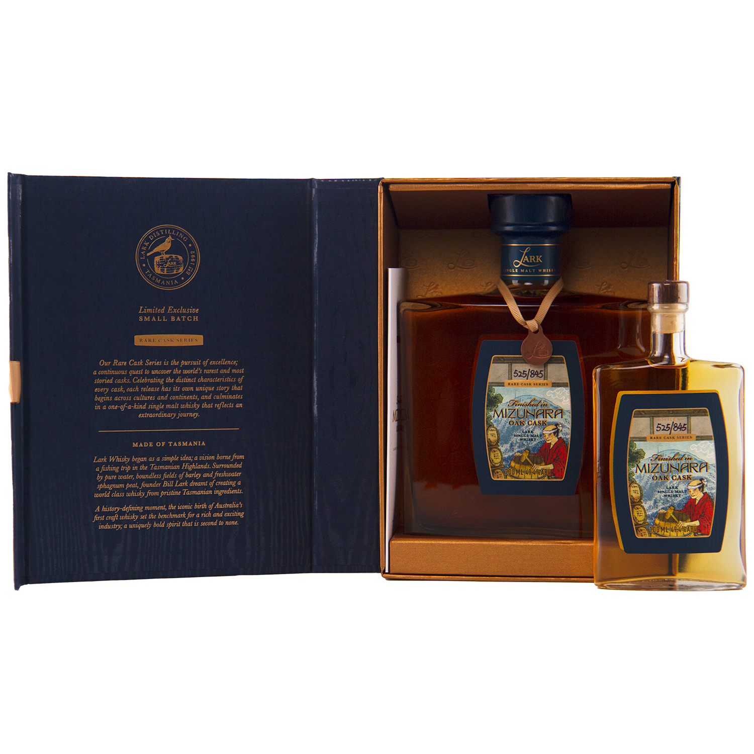 Two bottles of Michter's Rye Whiskey with a decorative box on a white background