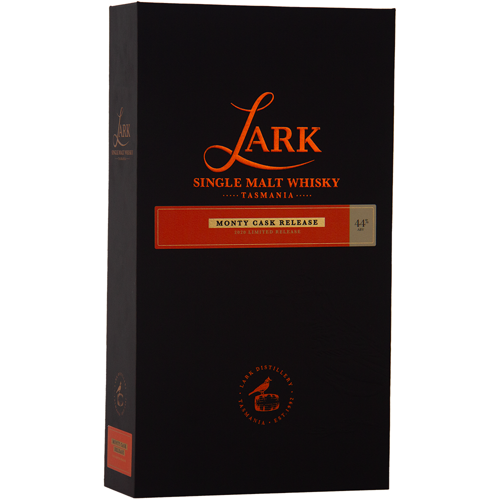 A black box of Lark Monty Cask Release Single Malt Whisky, adorned with orange and gold text including "Monty Cask Release," "44%," and the Lark logo—a true limited edition matured in Amontillado cask.