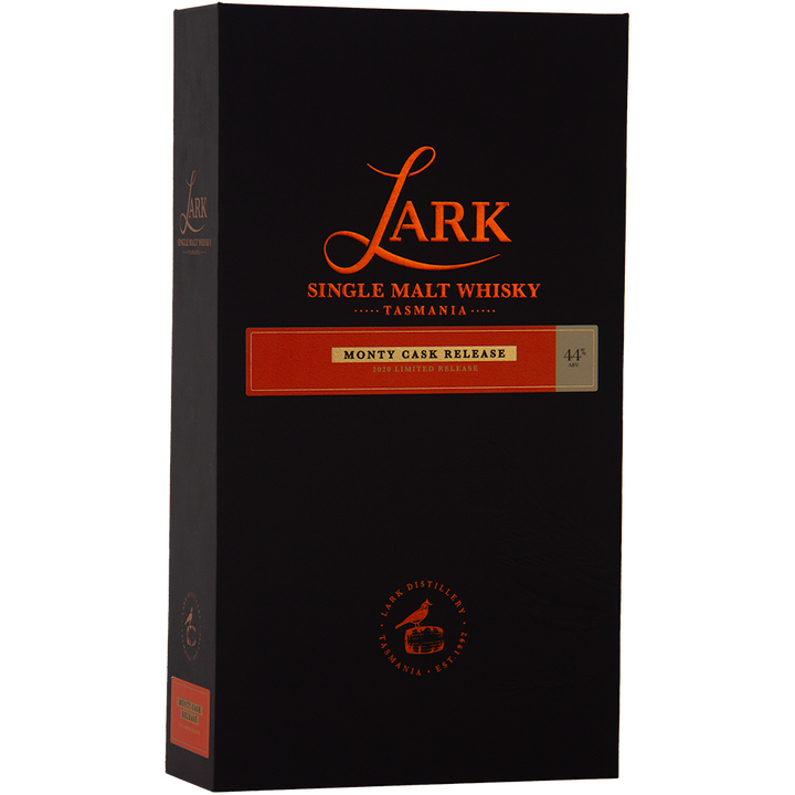 A black box of Lark Monty Cask Release Single Malt Whisky, adorned with orange and gold text including "Monty Cask Release," "44%," and the Lark logo—a true limited edition matured in Amontillado cask.