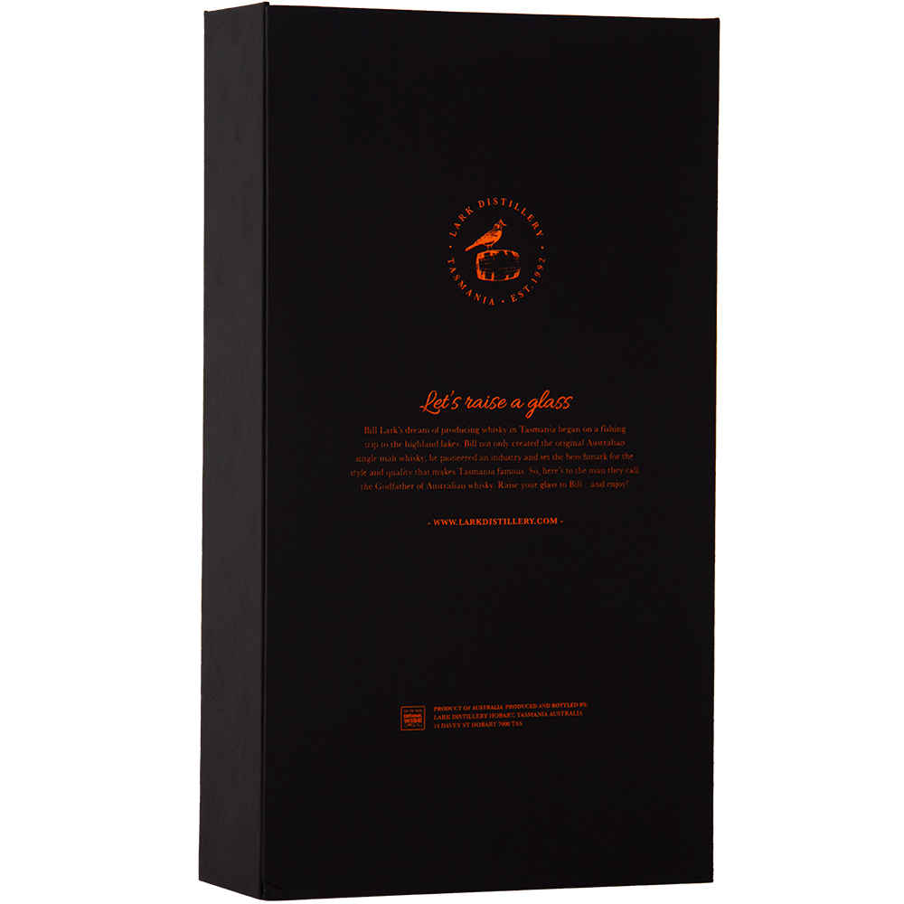 The back of the black Lark Monty Cask Release Single Malt Whisky box displays orange text, a distillery logo, a brief on this limited edition Amontillado cask-matured Tasmanian single malt, product details, and a website link near the bottom.