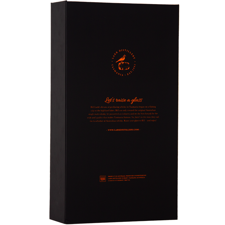 The back of the black Lark Monty Cask Release Single Malt Whisky box displays orange text, a distillery logo, a brief on this limited edition Amontillado cask-matured Tasmanian single malt, product details, and a website link near the bottom.