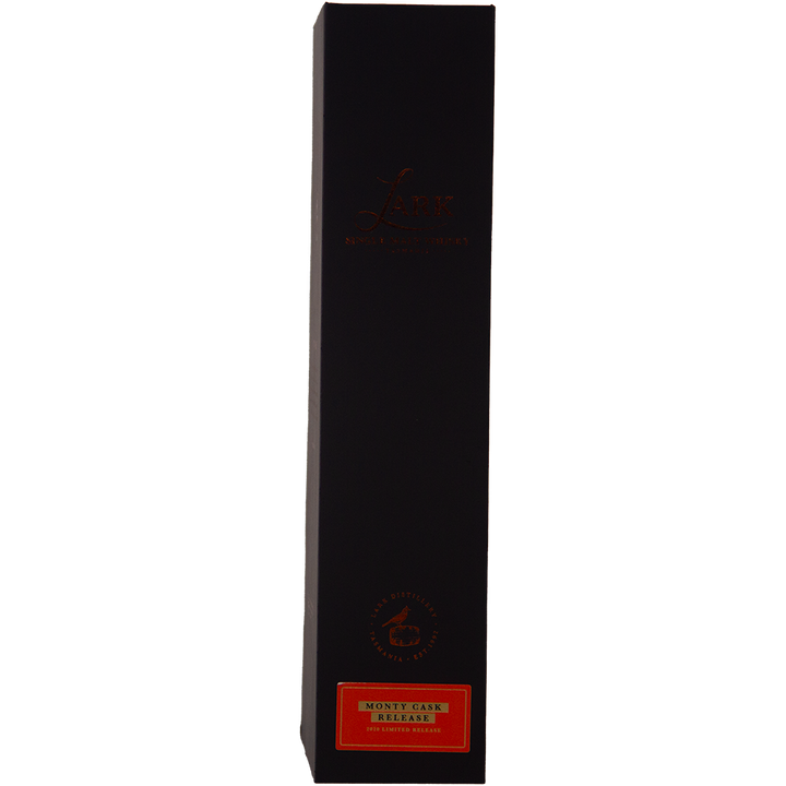A tall, slender black box with gold and red "Lark Monty Cask Release Single Malt Whisky" lettering, a small circular logo, and a red label near the base marks this limited edition Tasmanian whisky.