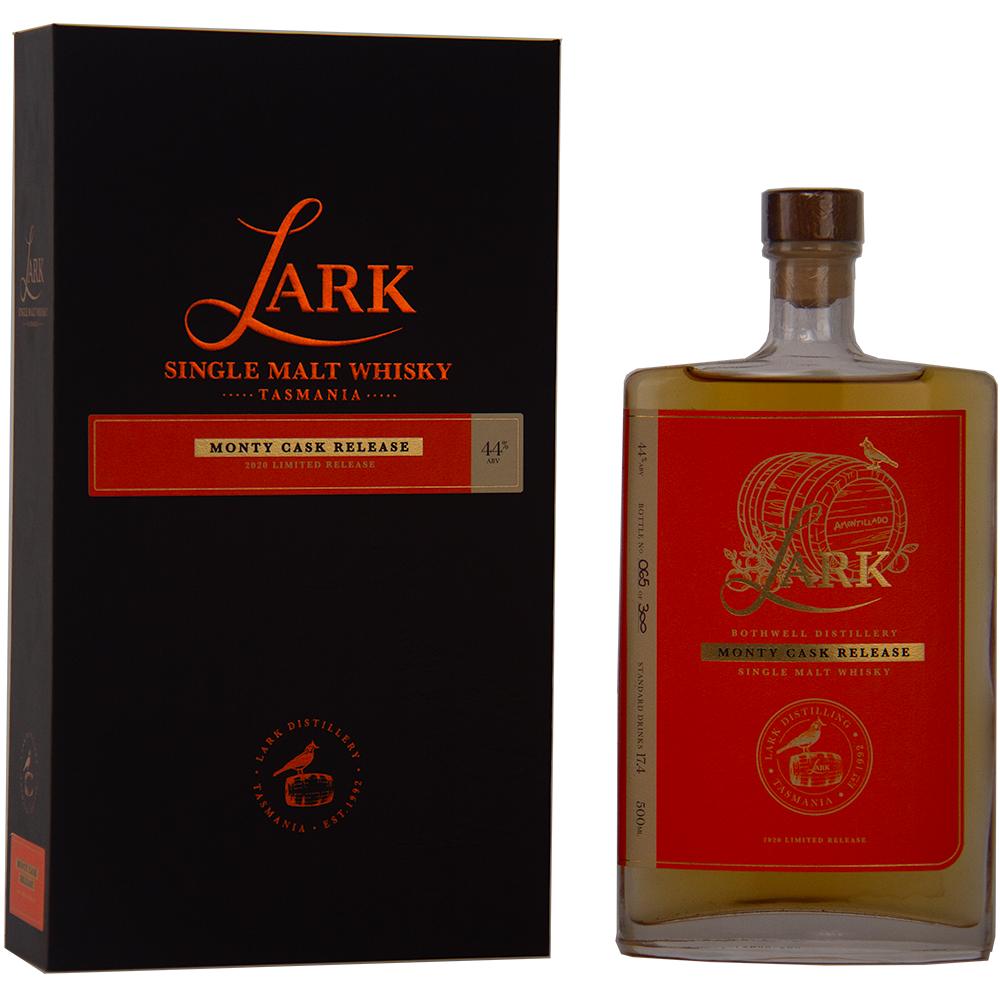 A Lark Monty Cask Release Single Malt Whisky bottle with a red label, gold text, and a wooden cap. Presented in a black box with orange and gold text, highlighting its aging in Amontillado casks.