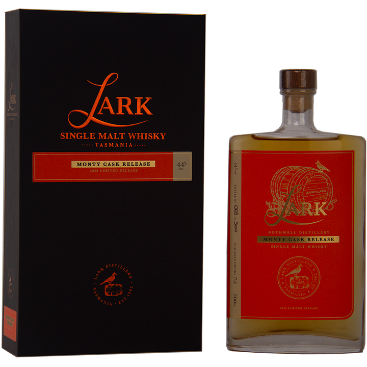 A Lark Monty Cask Release Single Malt Whisky bottle with a red label, gold text, and a wooden cap. Presented in a black box with orange and gold text, highlighting its aging in Amontillado casks.