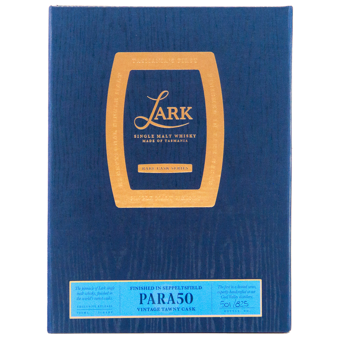 A blue box with a gold label displays Lark Seppeltsfield Para 50 II Rare Cask Single Malt Whisky. This limited edition is numbered 501/825 on a blue panel that reads PARAS0 Vintage Tawny Cask.