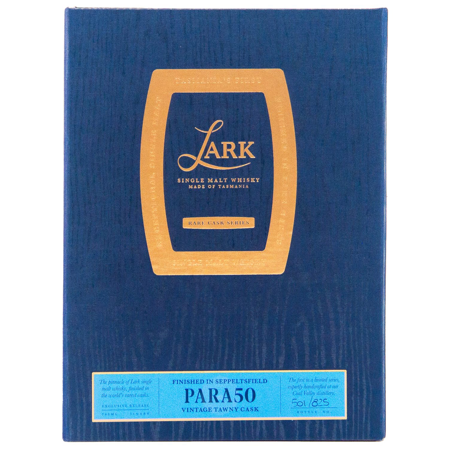 A blue box with a gold label displays Lark Seppeltsfield Para 50 II Rare Cask Single Malt Whisky. This limited edition is numbered 501/825 on a blue panel that reads PARAS0 Vintage Tawny Cask.