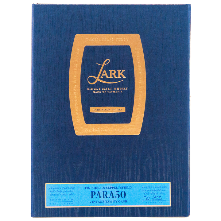 A blue box with a gold label displays Lark Seppeltsfield Para 50 II Rare Cask Single Malt Whisky. This limited edition is numbered 501/825 on a blue panel that reads PARAS0 Vintage Tawny Cask.