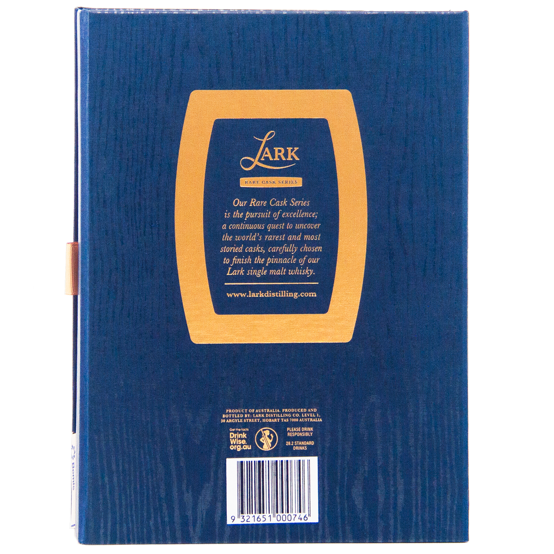 The back of the blue Lark Seppeltsfield Para 50 II Rare Cask Single Malt Whisky box features a gold barrel design, highlighting this limited edition from the Rare Cask Series, with product info and a website link below.