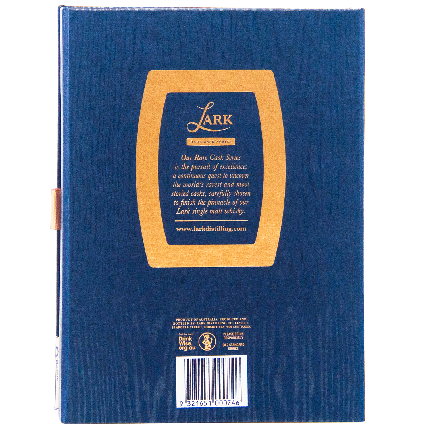 The back of the blue Lark Seppeltsfield Para 50 II Rare Cask Single Malt Whisky box features a gold barrel design, highlighting this limited edition from the Rare Cask Series, with product info and a website link below.