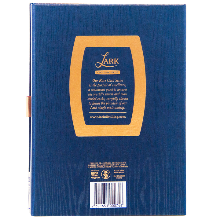 The back of the blue Lark Seppeltsfield Para 50 II Rare Cask Single Malt Whisky box features a gold barrel design, highlighting this limited edition from the Rare Cask Series, with product info and a website link below.