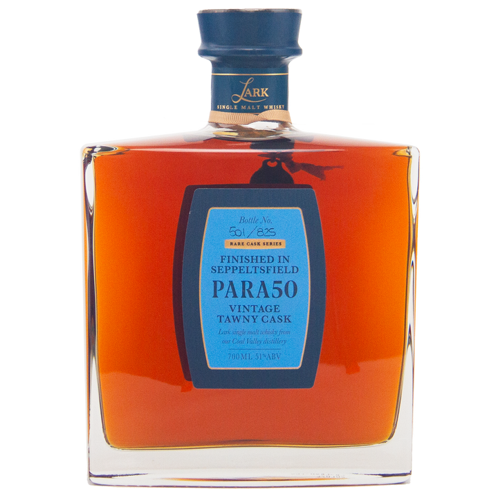 A square bottle of Lark Seppeltsfield Para 50 II Rare Cask Single Malt Whisky, with amber liquid, a blue label showing batch and bottle details, and a cap sealed in blue wax.