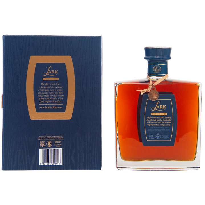 A square bottle of Lark Seppeltsfield Para 50 II Rare Cask Single Malt Whisky with a blue and gold label stands beside its matching box, sealed with a decorative gold medallion and ribbon—an exquisite Australian whisky.