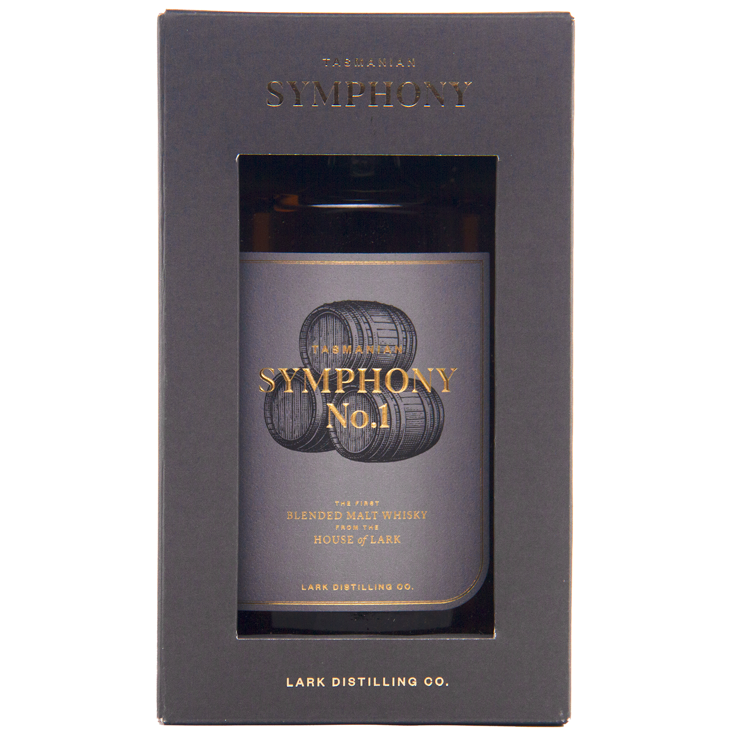 A bottle of Lark Symphony No1 is showcased in a dark gray box with a clear window, highlighting its label adorned with gold and black text and barrel illustrations.