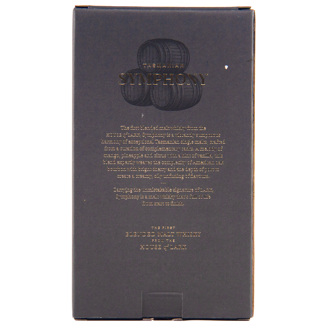 A dark grey box displays SYMPHONY in gold above stacked barrels. Gold text describes this Tasmanian whisky, with "Select Blended Malt Whisky" and "Lark Symphony No1" from Lark Distillery in smaller gold letters at the bottom.
