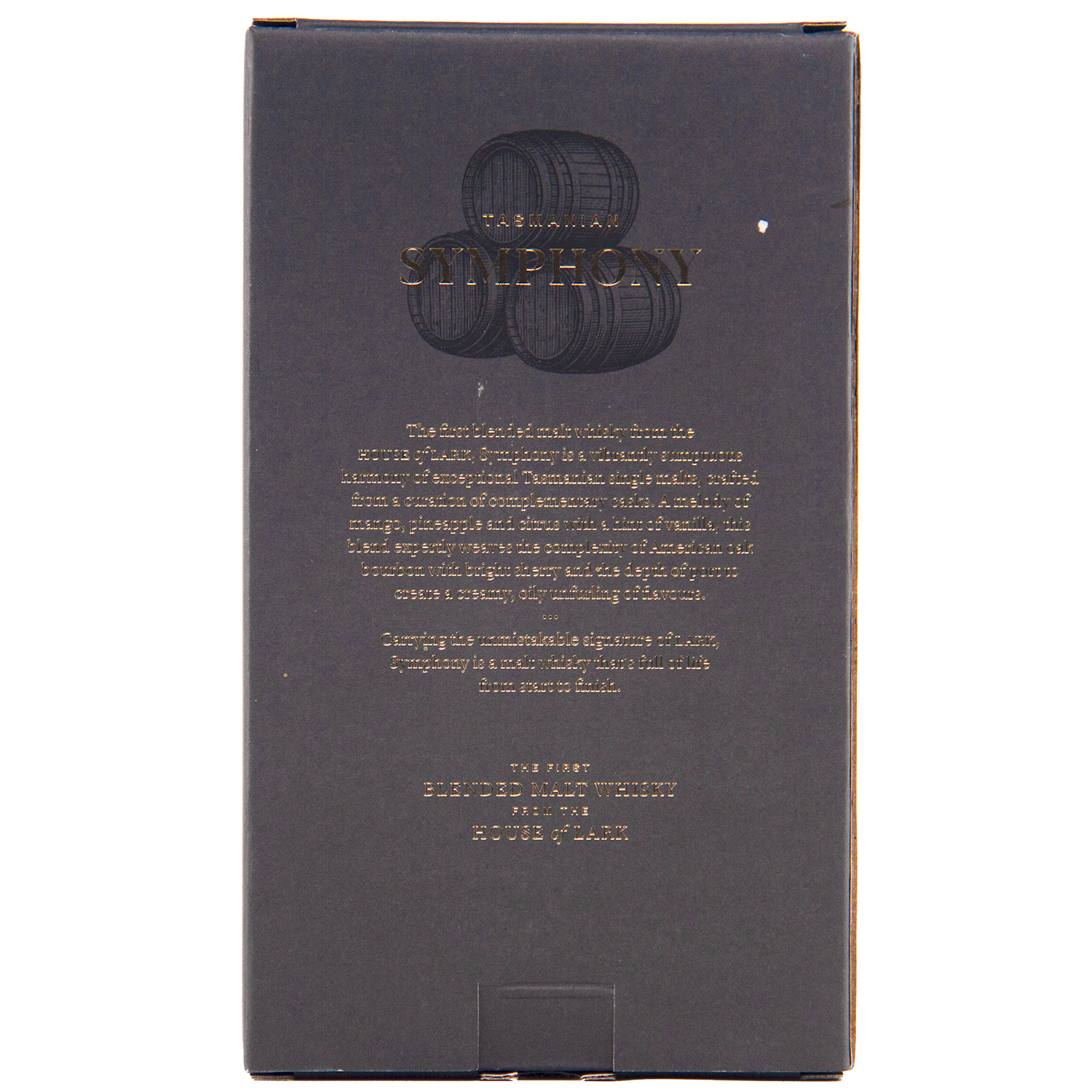 A dark grey box displays SYMPHONY in gold above stacked barrels. Gold text describes this Tasmanian whisky, with "Select Blended Malt Whisky" and "Lark Symphony No1" from Lark Distillery in smaller gold letters at the bottom.