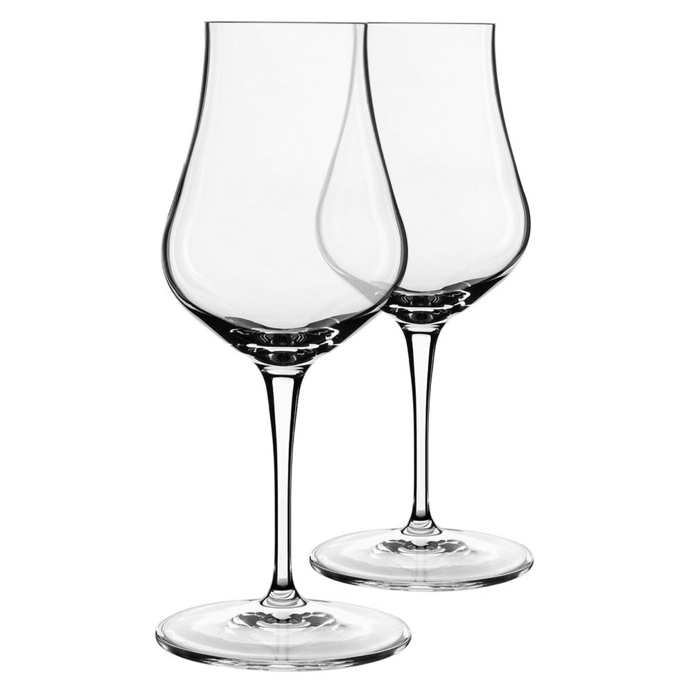 Two empty Luigi Bormioli Vinoteque Glasses, with long stems and wide bases, stand side by side against a white background, highlighting the refined elegance of this 2-piece Italian glass set.