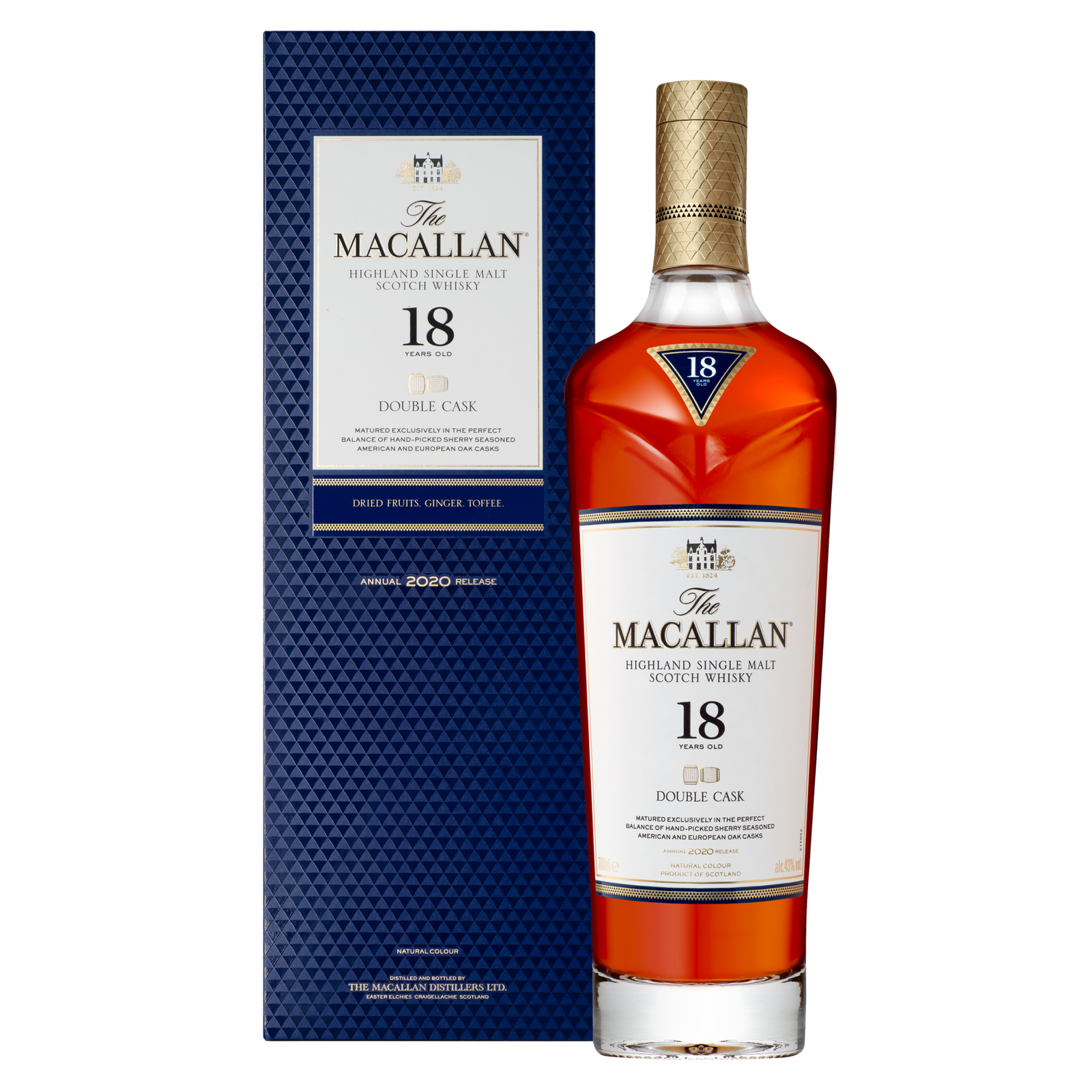 A bottle of The Macallan Double Cask 18 Year Old Single Malt Scotch Whisky stands beside its blue patterned box, both displaying gold and white labels that emphasize its sherry cask maturation.