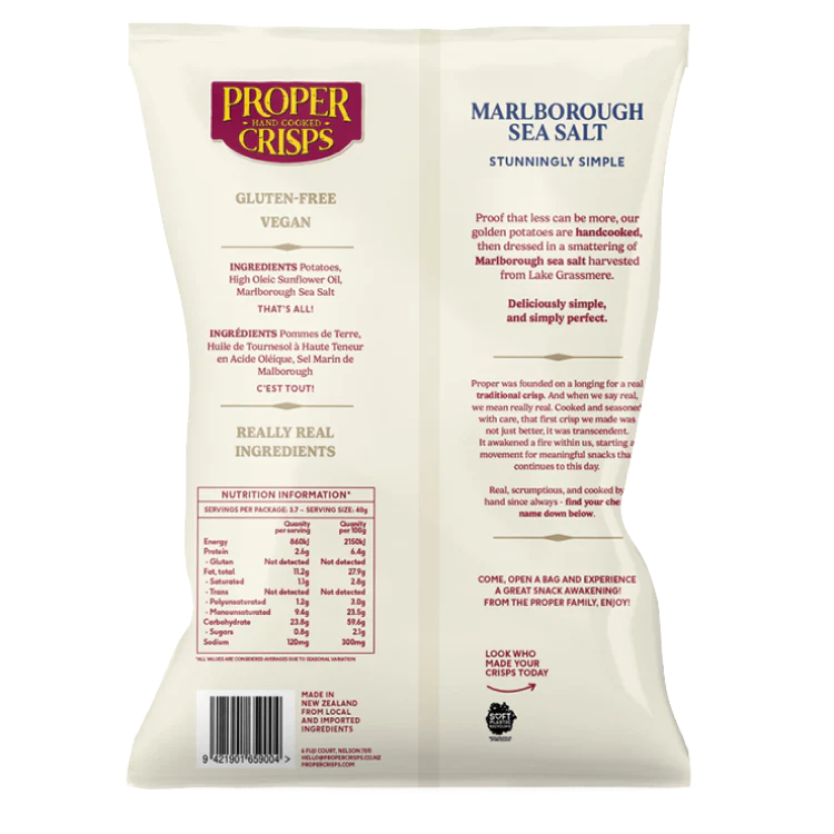 The back of the Proper Crisps Marlborough Sea Salt bag features ingredients, nutrition facts, gluten-free and vegan labels, a product description, and company info—all set against a clean white and beige background.