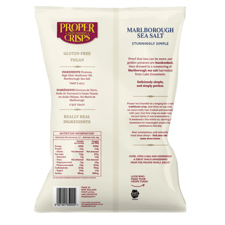 The back of the Proper Crisps Marlborough Sea Salt bag features ingredients, nutrition facts, gluten-free and vegan labels, a product description, and company info—all set against a clean white and beige background.