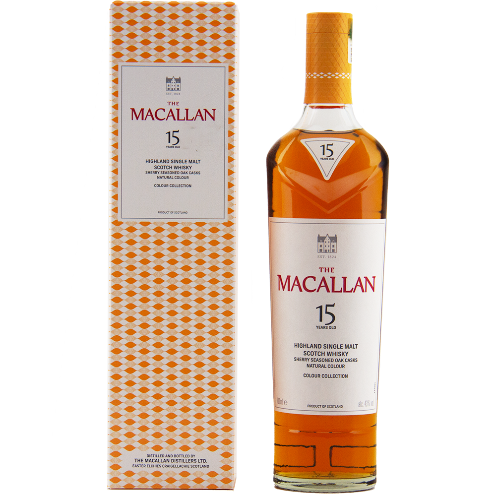 A bottle of The Macallan Colour Collection 15 Year Old Single Malt Scotch Whisky is shown beside its white and orange patterned box, both featuring the brand name and age, crafted in sherry-seasoned oak for a rich, nuanced flavor.