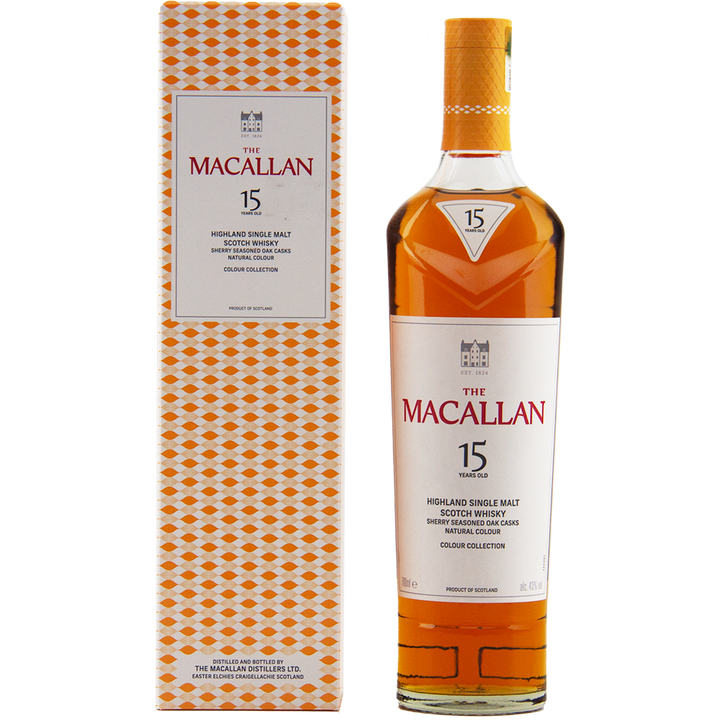 A bottle of The Macallan Colour Collection 15 Year Old Single Malt Scotch Whisky is shown beside its white and orange patterned box, both featuring the brand name and age, crafted in sherry-seasoned oak for a rich, nuanced flavor.