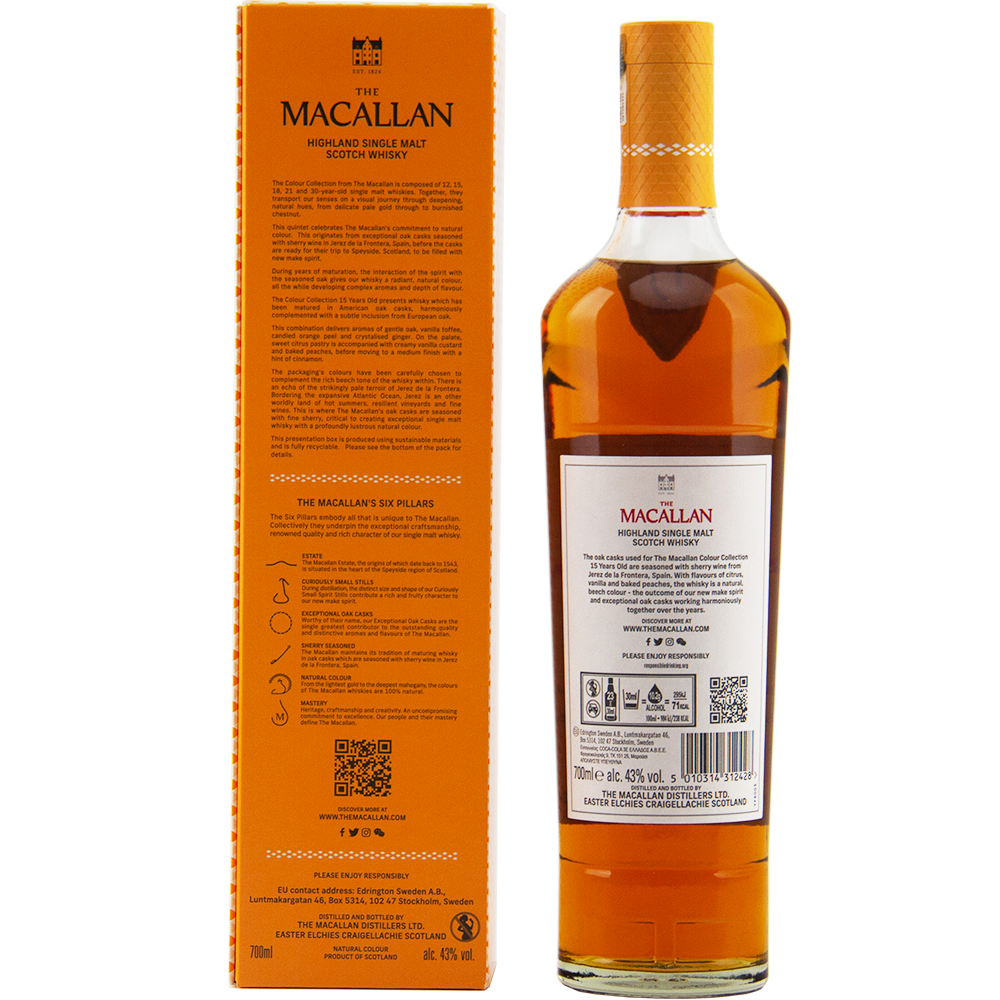 A bottle of The Macallan Colour Collection 15 Year Old Single Malt Scotch Whisky stands beside its tall orange box, both showcasing black and white text, QR codes, and sherry-seasoned oak influence in their detailed branding.