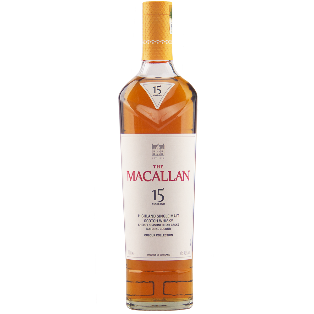 A bottle of The Macallan Colour Collection 15 Year Old Single Malt Scotch Whisky with a gold cap, white label, and red and gold lettering stands upright against a plain white background.