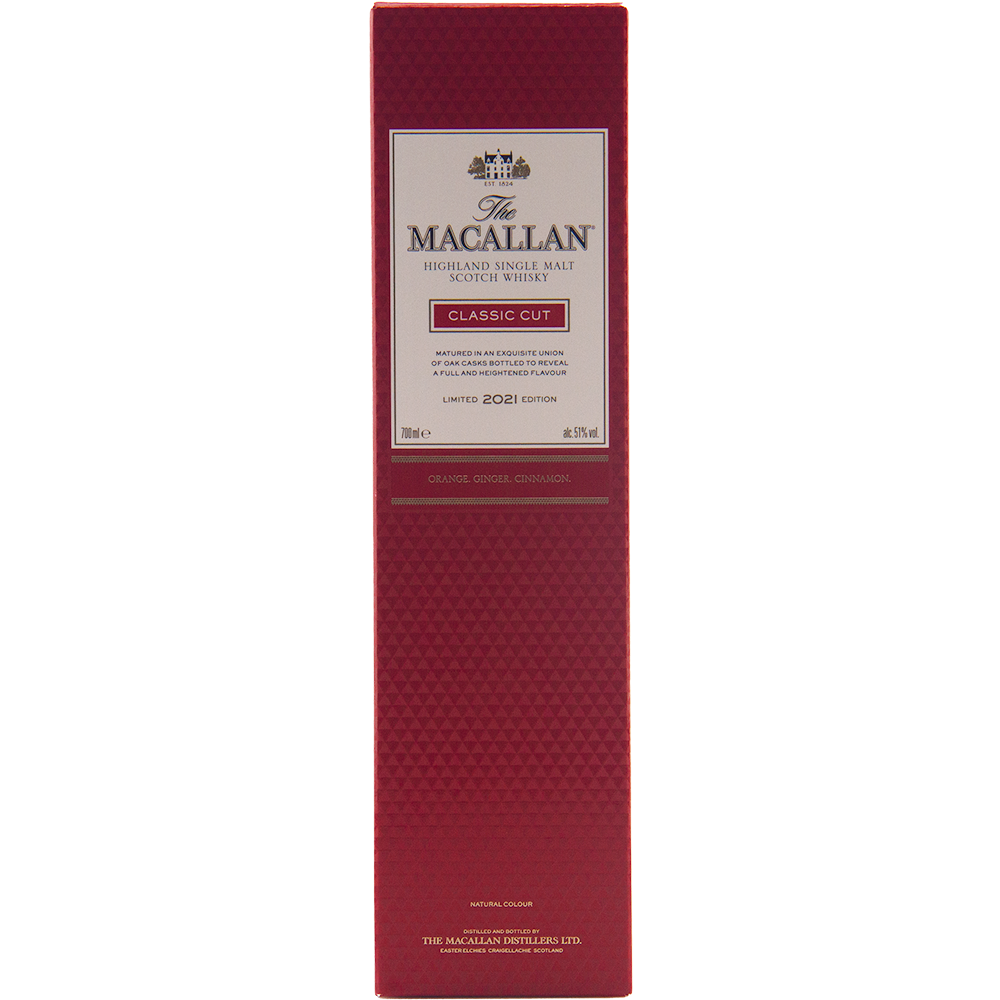 A tall, rectangular red box of The Macallan Classic Cut 2021 Release Single Malt Scotch Whisky features gold and white text, cask strength, and highlights tasting notes of orange, ginger, and cinnamon.