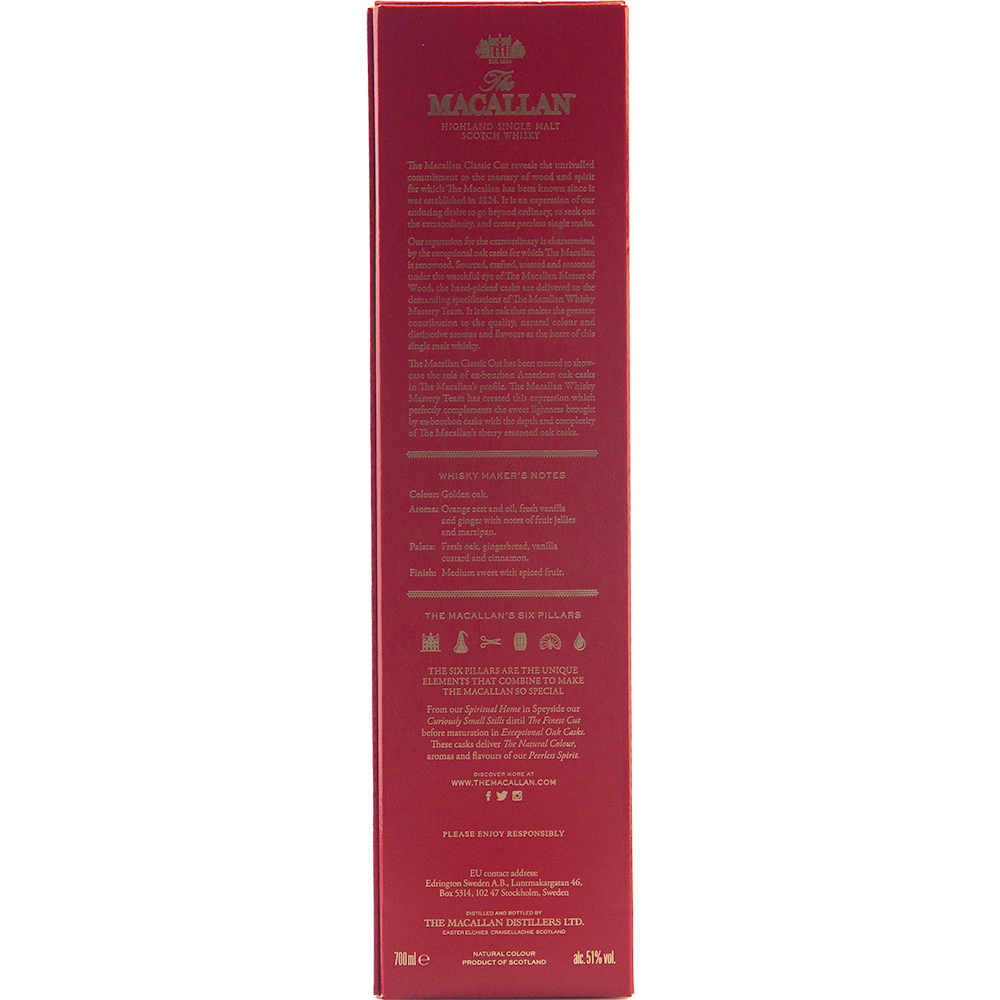A red box for The Macallan Classic Cut 2021 Release Single Malt Scotch Whisky features gold and white text on the back with cask strength details, whisky notes, awards, tasting notes, and distillery information.