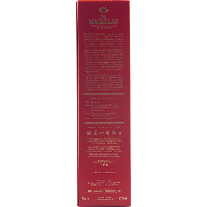 A red box for The Macallan Classic Cut 2021 Release Single Malt Scotch Whisky features gold and white text on the back with cask strength details, whisky notes, awards, tasting notes, and distillery information.