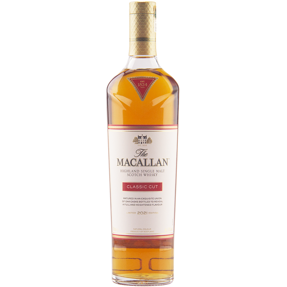 A bottle of The Macallan Classic Cut 2021 Release Single Malt Scotch Whisky features a gold cap and red-and-white label accents, with amber spirit visible through the clear glass in this Highland Scotch edition.