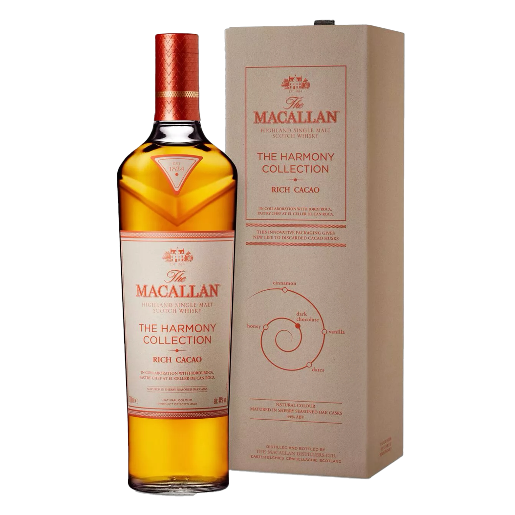 A bottle of The Macallan Harmony Collection Rich Cacao Single Malt Scotch Whisky stands beside its beige box, displaying the brand logo, product details, and a cacao flavor spiral illustration.
