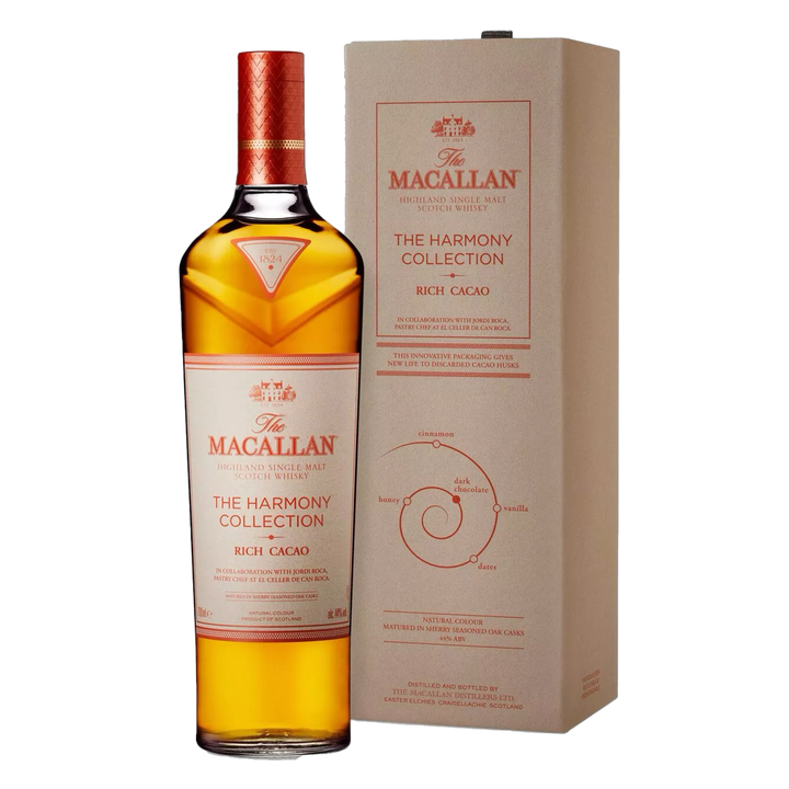 A bottle of The Macallan Harmony Collection Rich Cacao Single Malt Scotch Whisky stands beside its beige box, displaying the brand logo, product details, and a cacao flavor spiral illustration.