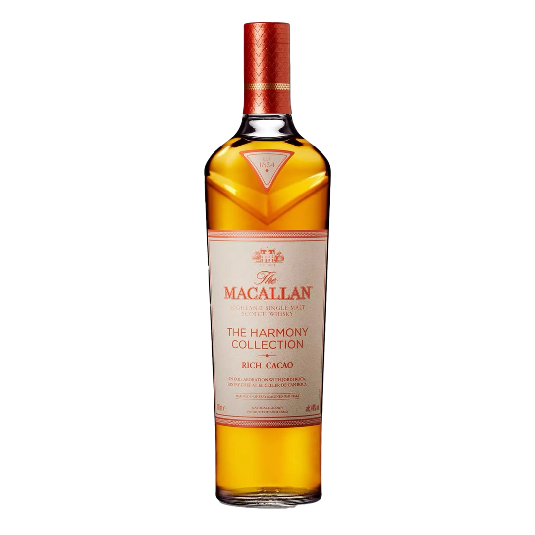 A bottle of The Macallan Harmony Collection Rich Cacao Single Malt Scotch Whisky with gold liquid, a white and gold label, and a copper cap on a plain white background—ideal for chocolate whisky enthusiasts.